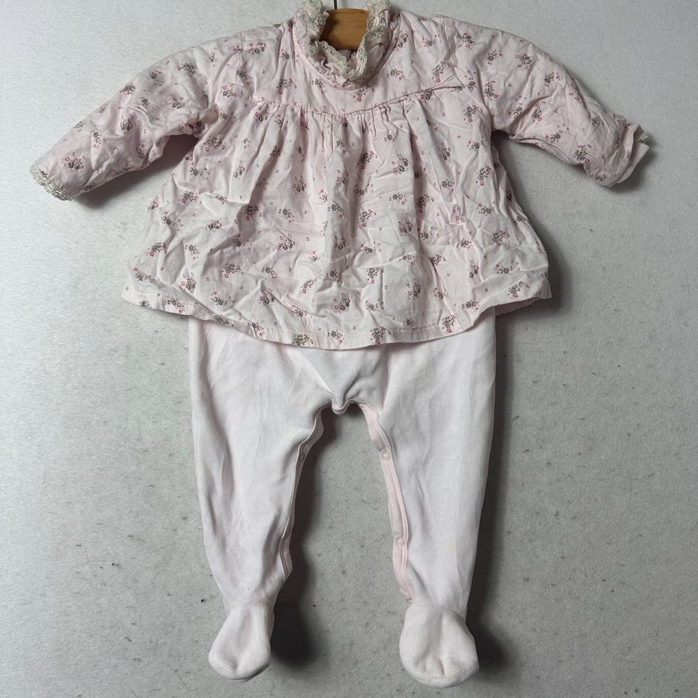 PETIT BATEAU INFANT GIRLS PINK FOOTIE OUTFIT DRESS OVERLAY SIZE 12 MONTHS FRANCE